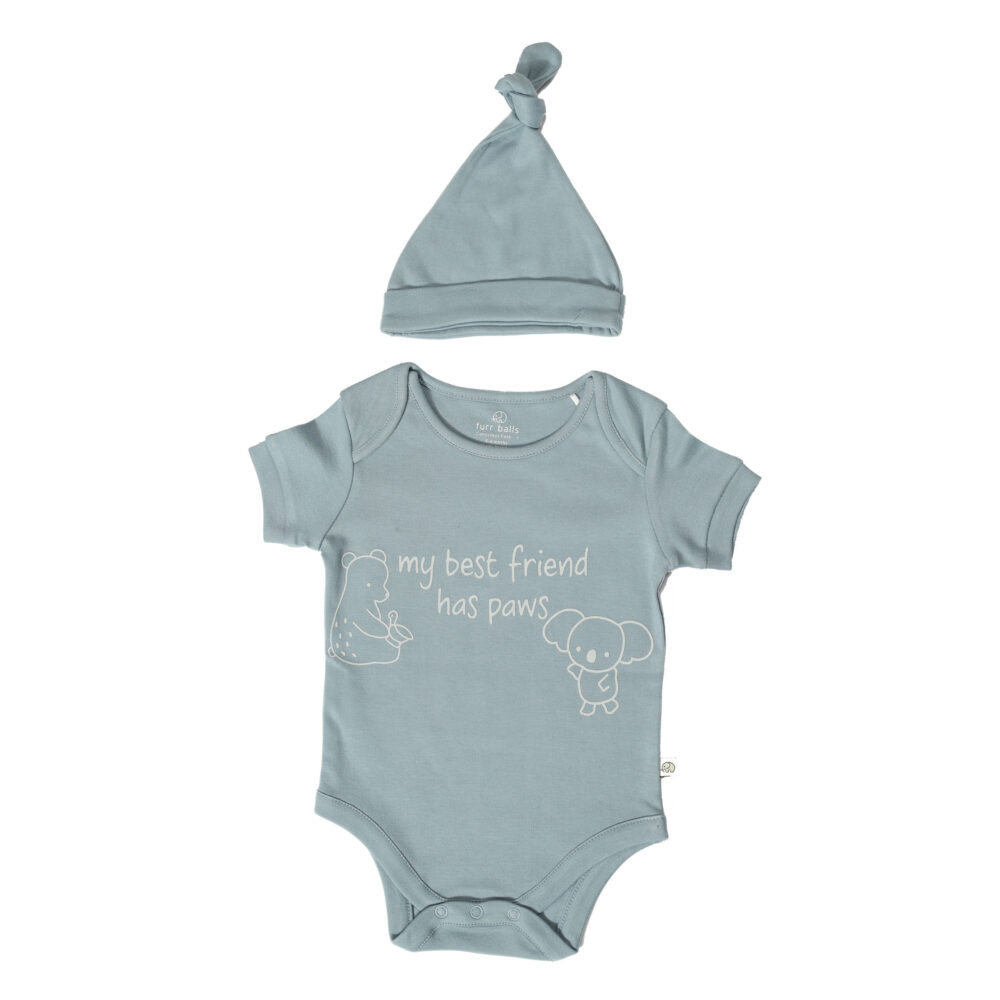 Baby “my best friend has paws” short sleeves bodysuit with an organic cotton cap